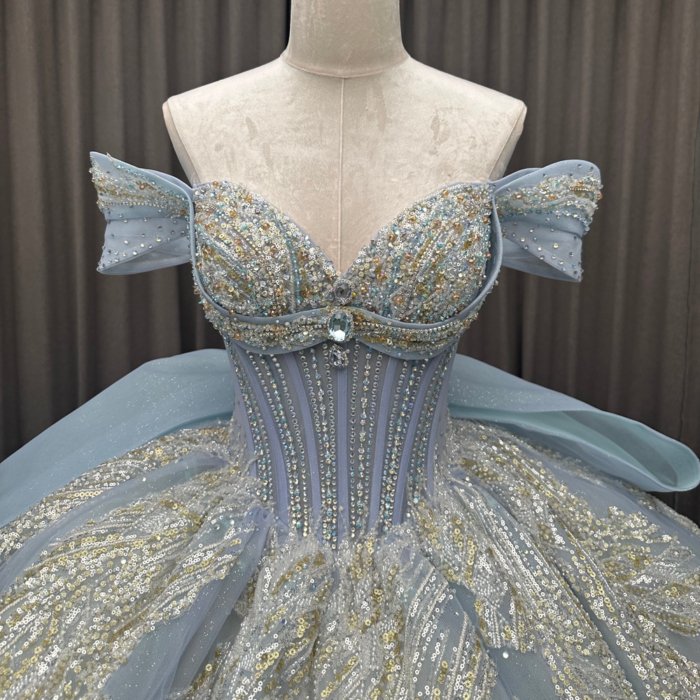 2025 Blue Quinceanera Dress Sweet 15 Off Shoulder Quinceañera Flowers Vestidos De 15 Años Sequined Beading Lace Evening Party Dress MW82 - Image 6
