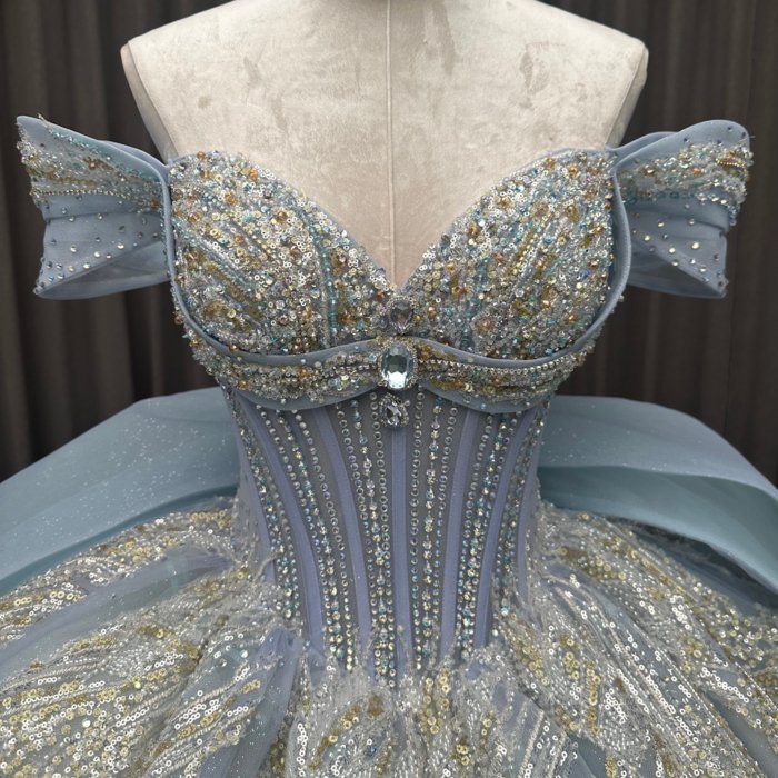 2025 Blue Quinceanera Dress Sweet 15 Off Shoulder Quinceañera Flowers Vestidos De 15 Años Sequined Beading Lace Evening Party Dress MW82 - Image 3