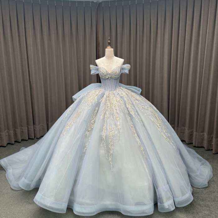 2025 Blue Quinceanera Dress Sweet 15 Off Shoulder Quinceañera Flowers Vestidos De 15 Años Sequined Beading Lace Evening Party Dress MW82