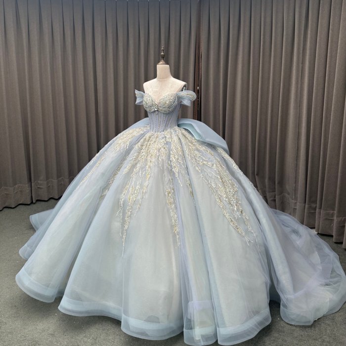 2025 Blue Quinceanera Dress Sweet 15 Off Shoulder Quinceañera Flowers Vestidos De 15 Años Sequined Beading Lace Evening Party Dress MW82 - Image 5