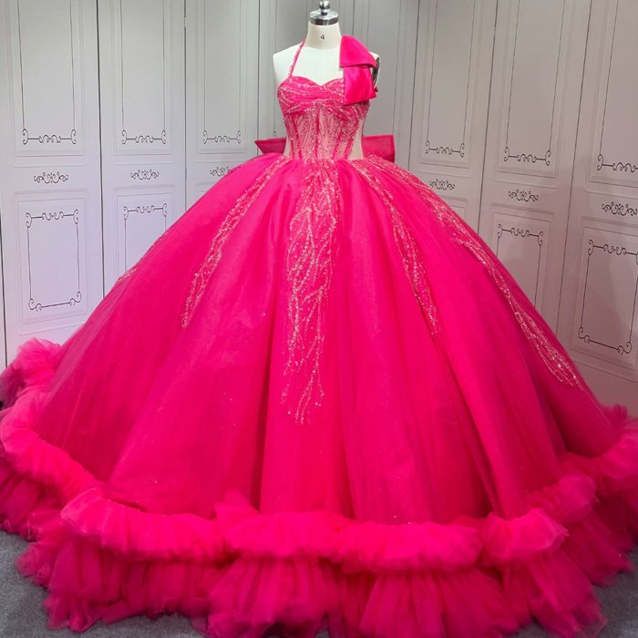 2025 Pink Quinceanera Dress Sweet 15 Quinceañera Flowers Vestidos De 15 Años Sequined Beading Lace Evening Party Dress (Customer Link - 50% Deposit)
