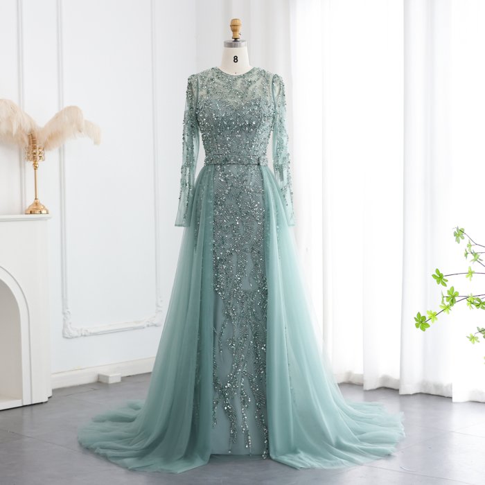 Luxury Dubai Sage Green Evening Dresses with Cape Fuchsia Crystal Gold Elegant Women Wedding Formal Party Gown 183 (Customer Link)