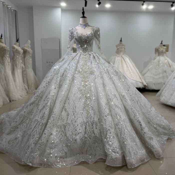 2025 Luxury Wedding Dress Elegant Bridal Gown Flowers Vestidos De Novias Sequined Beading Lace Evening Party Dress Long Sleeves High Neck XS186