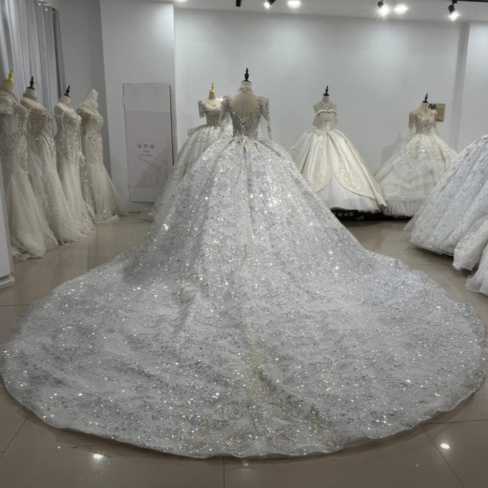 2025 Luxury Wedding Dress Elegant Bridal Gown Flowers Vestidos De Novias Sequined Beading Lace Evening Party Dress Long Sleeves High Neck XS186 - Image 2