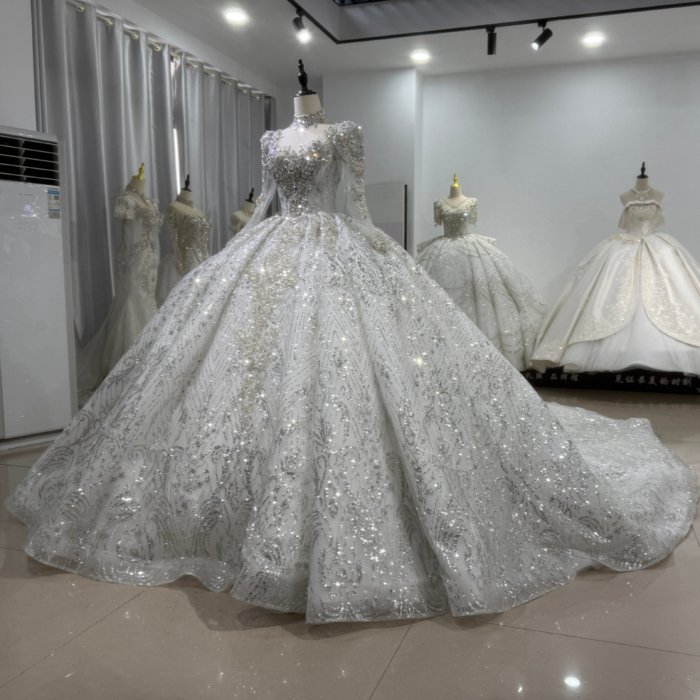 2025 Luxury Wedding Dress Elegant Bridal Gown Flowers Vestidos De Novias Sequined Beading Lace Evening Party Dress Long Sleeves High Neck XS186 - Image 5