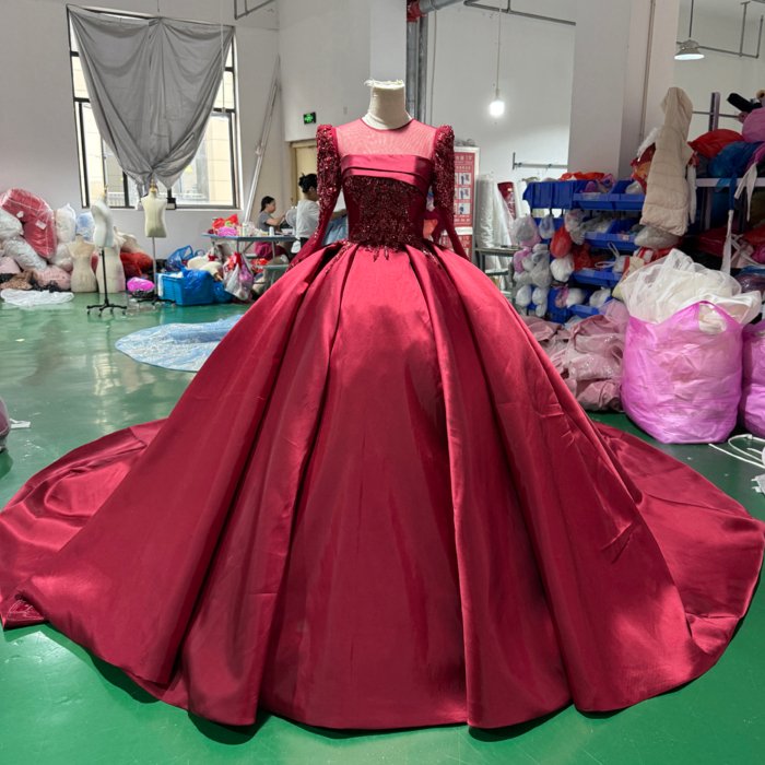 2025 Dark Red Satin Wedding Dress Elegant Bridal Gown Flowers Vestidos De Novias Sequined Beading Lace Evening Party Dress XS188