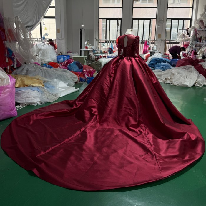 2025 Dark Red Satin Wedding Dress Elegant Bridal Gown Flowers Vestidos De Novias Sequined Beading Lace Evening Party Dress XS188 - Image 2