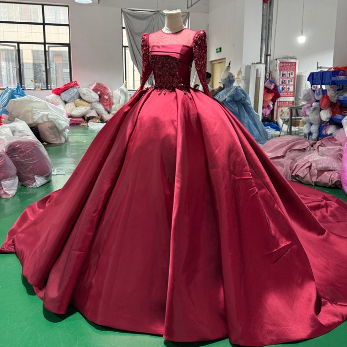 2025 Dark Red Satin Wedding Dress Elegant Bridal Gown Flowers Vestidos De Novias Sequined Beading Lace Evening Party Dress XS188 - Image 4