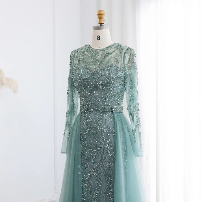 Luxury Dubai Sage Green Evening Dresses with Cape Fuchsia Crystal Gold Elegant Women Wedding Formal Party Gown 183 (Customer Link) - Image 3