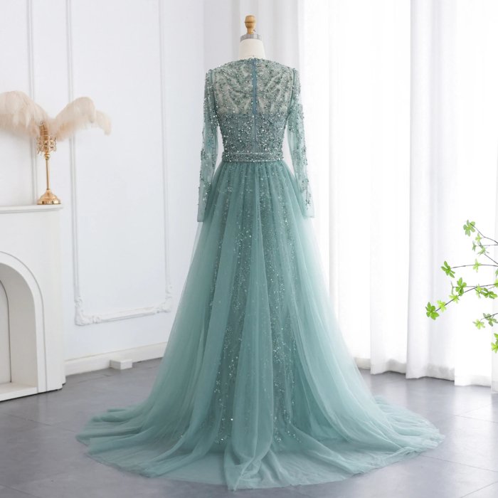 Luxury Dubai Sage Green Evening Dresses with Cape Fuchsia Crystal Gold Elegant Women Wedding Formal Party Gown 183 (Customer Link) - Image 2