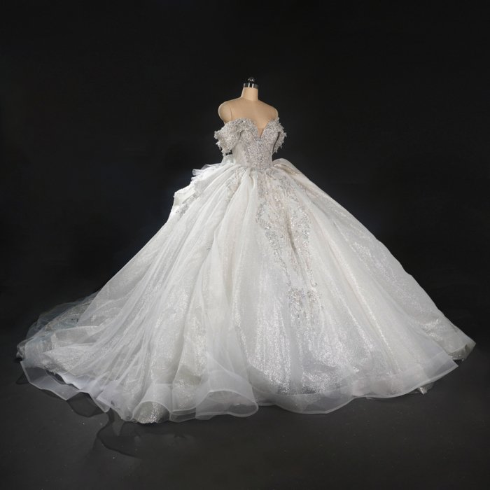 Sparkling Bejeweled Ivory Off Shoulder Ball Gown Wedding Dress Long Trailing Gown Bridal Dress - Image 4