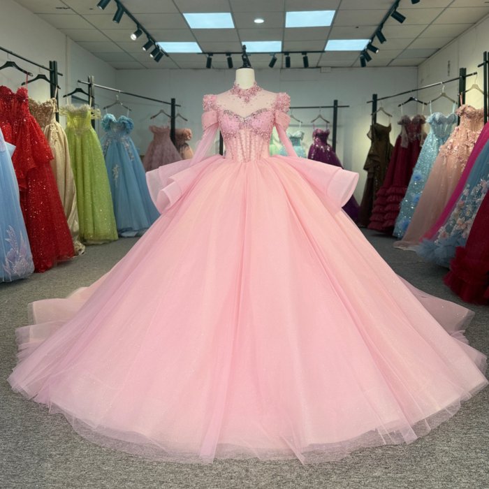 Gorgeous Pink Quinceanera Dress Long Sleeve Beaded Appliques Lace Up Vestido De Quinceanera