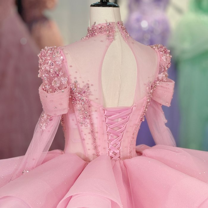 Gorgeous Pink Quinceanera Dress Long Sleeve Beaded Appliques Lace Up Vestido De Quinceanera - Image 4