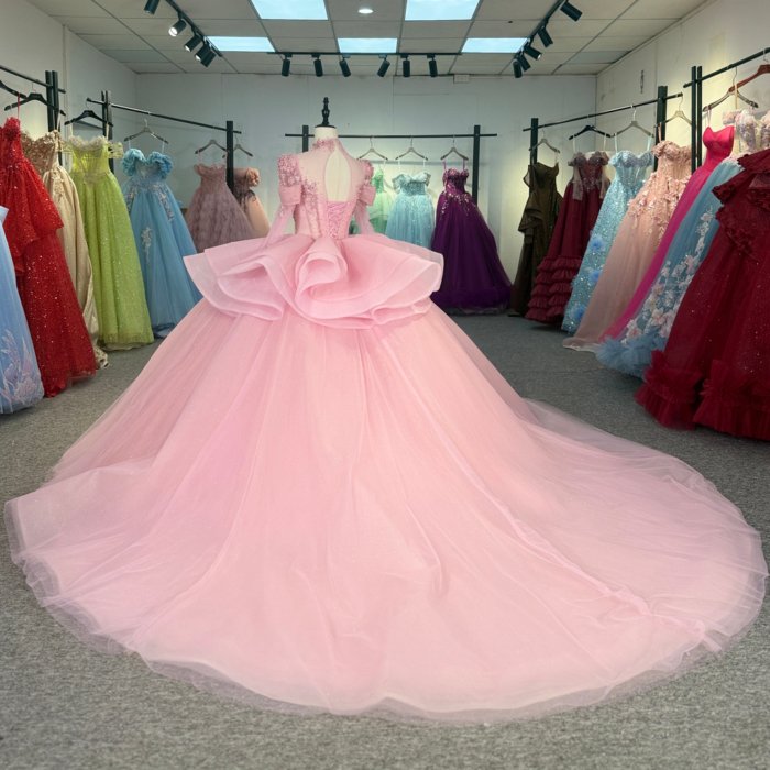 Gorgeous Pink Quinceanera Dress Long Sleeve Beaded Appliques Lace Up Vestido De Quinceanera - Image 6