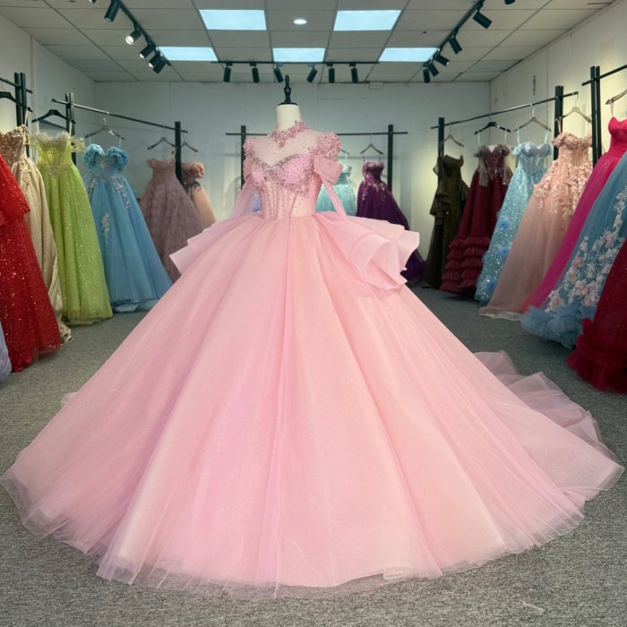 Gorgeous Pink Quinceanera Dress Long Sleeve Beaded Appliques Lace Up Vestido De Quinceanera - Image 5