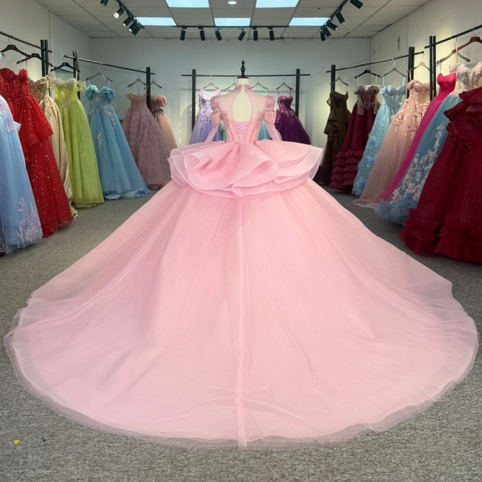 Gorgeous Pink Quinceanera Dress Long Sleeve Beaded Appliques Lace Up Vestido De Quinceanera - Image 2