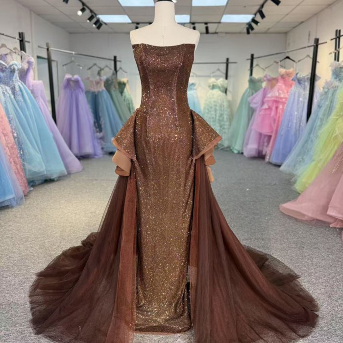 Luxury Dubai Brown Evening Dresses Crystal Elegant Women Wedding Formal Party Gown 1342