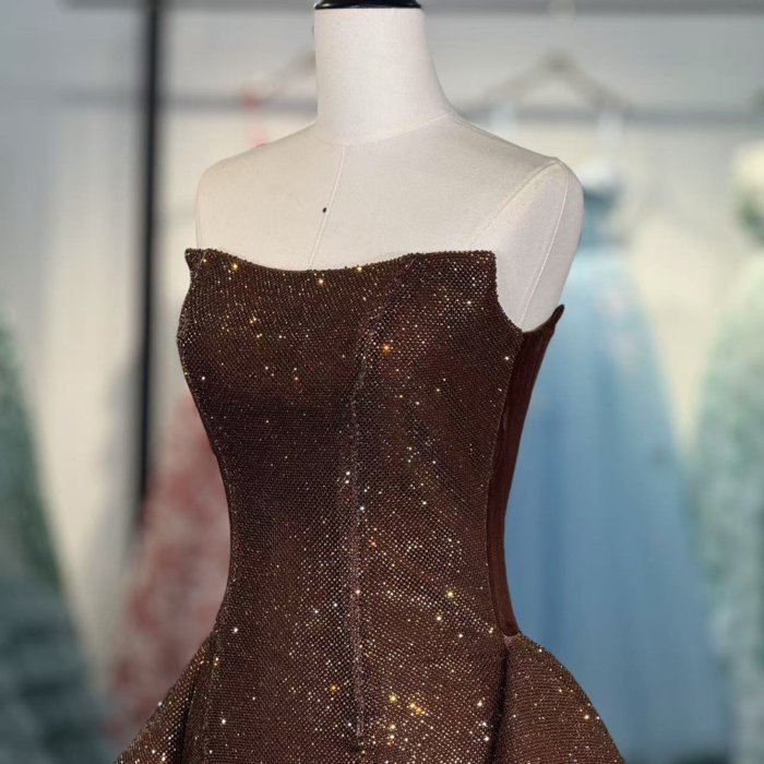 Luxury Dubai Brown Evening Dresses Crystal Elegant Women Wedding Formal Party Gown 1342 - Image 3
