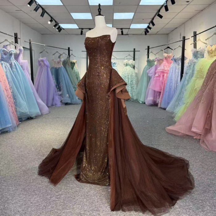 Luxury Dubai Brown Evening Dresses Crystal Elegant Women Wedding Formal Party Gown 1342 - Image 5