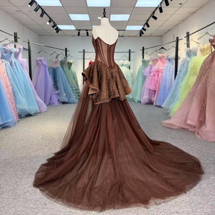 Luxury Dubai Brown Evening Dresses Crystal Elegant Women Wedding Formal Party Gown 1342 - Image 6