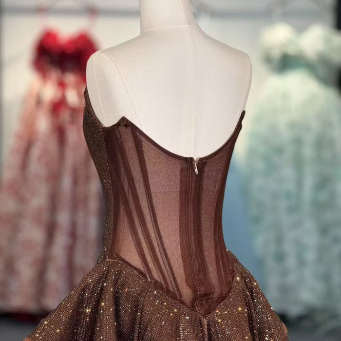 Luxury Dubai Brown Evening Dresses Crystal Elegant Women Wedding Formal Party Gown 1342 - Image 4