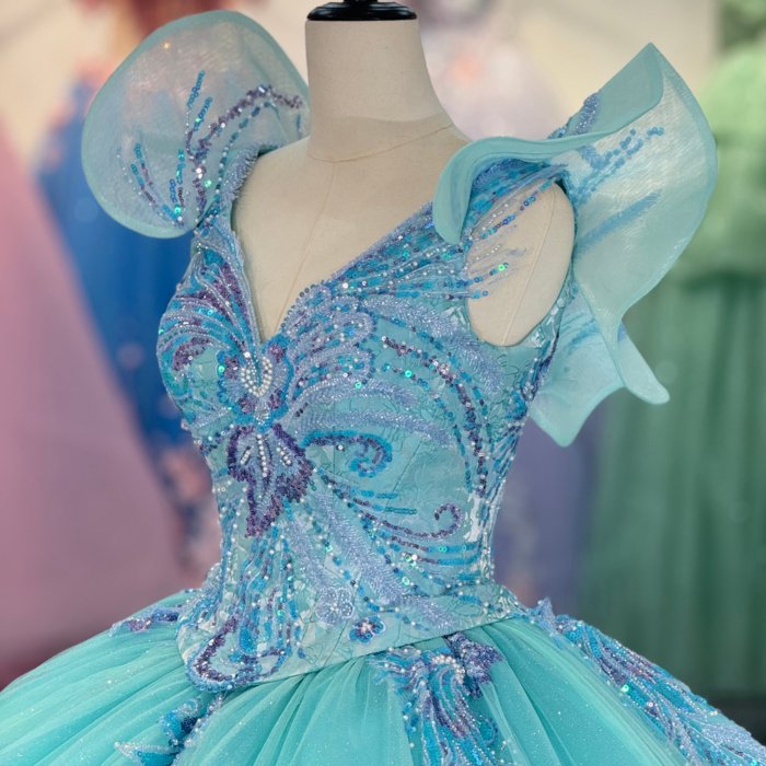 2025 Green Blue Quinceanera Dress Sweet 15 Quinceañera Flowers Vestidos De 15 Años Sequined Beading Lace Evening Party Dress 1355 - Image 3
