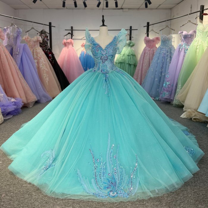 2025 Green Blue Quinceanera Dress Sweet 15 Quinceañera Flowers Vestidos De 15 Años Sequined Beading Lace Evening Party Dress 1355