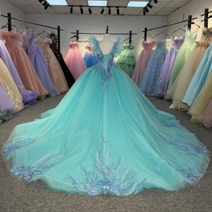 2025 Green Blue Quinceanera Dress Sweet 15 Quinceañera Flowers Vestidos De 15 Años Sequined Beading Lace Evening Party Dress 1355 - Image 2