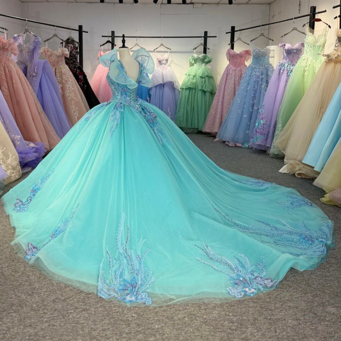 2025 Green Blue Quinceanera Dress Sweet 15 Quinceañera Flowers Vestidos De 15 Años Sequined Beading Lace Evening Party Dress 1355 - Image 6