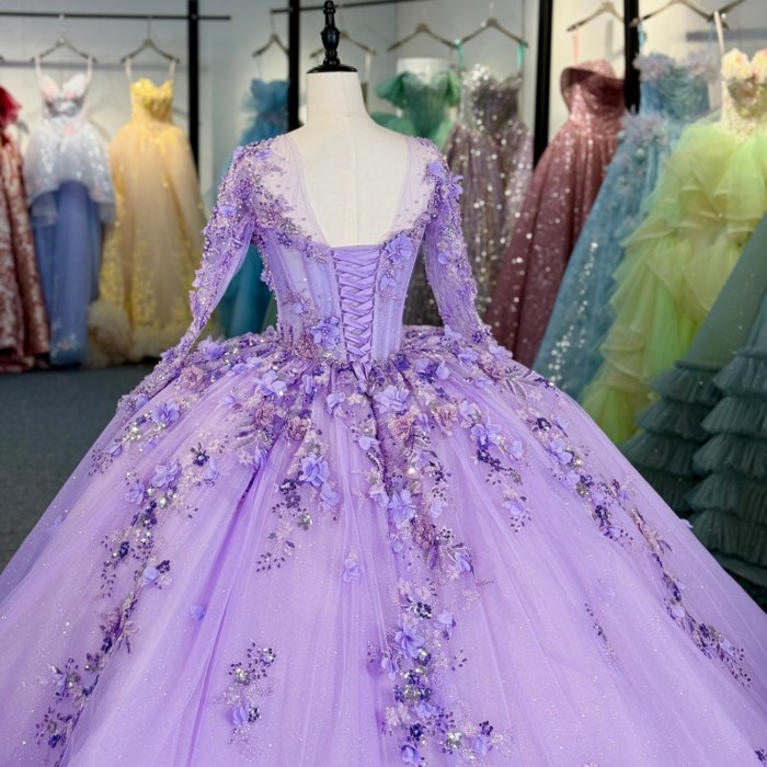 2025 Lilac Quinceanera Dress Sweet 15 Quinceañera Flowers Vestidos De 15 Años Long Sleeves Sequined Beading Lace Evening Party Dress 1362 - Image 6