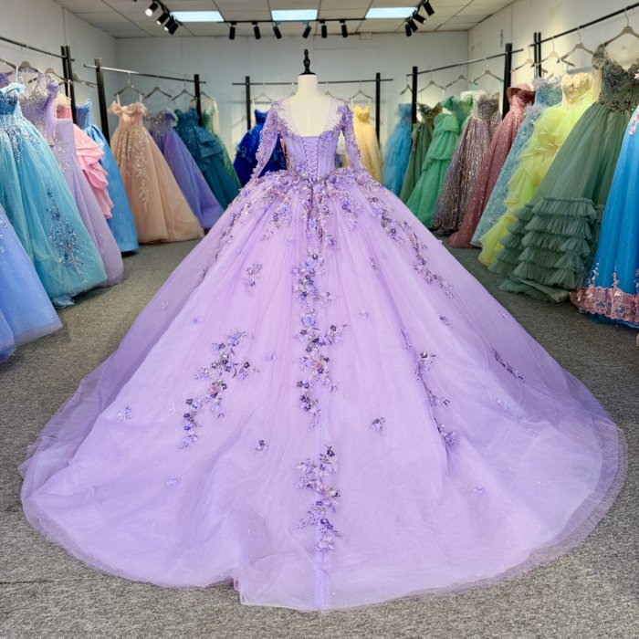2025 Lilac Quinceanera Dress Sweet 15 Quinceañera Flowers Vestidos De 15 Años Long Sleeves Sequined Beading Lace Evening Party Dress 1362 - Image 2