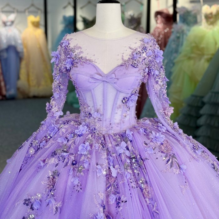 2025 Lilac Quinceanera Dress Sweet 15 Quinceañera Flowers Vestidos De 15 Años Long Sleeves Sequined Beading Lace Evening Party Dress 1362 - Image 3
