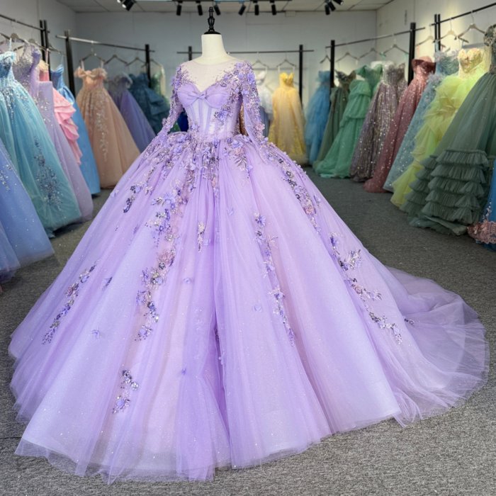 2025 Lilac Quinceanera Dress Sweet 15 Quinceañera Flowers Vestidos De 15 Años Long Sleeves Sequined Beading Lace Evening Party Dress 1362