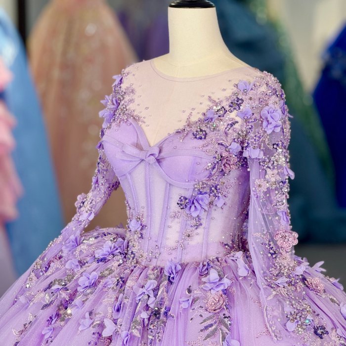 2025 Lilac Quinceanera Dress Sweet 15 Quinceañera Flowers Vestidos De 15 Años Long Sleeves Sequined Beading Lace Evening Party Dress 1362 - Image 5