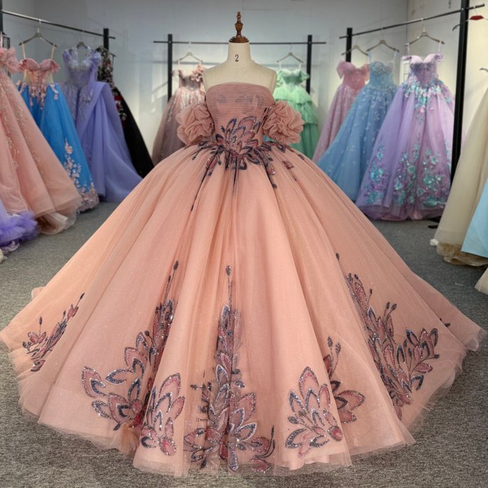 2025 Pink Quinceanera Dress Sweet 15 Quinceañera Flowers Vestidos De 15 Años Sequined Beading Lace Evening Party Dress 1366
