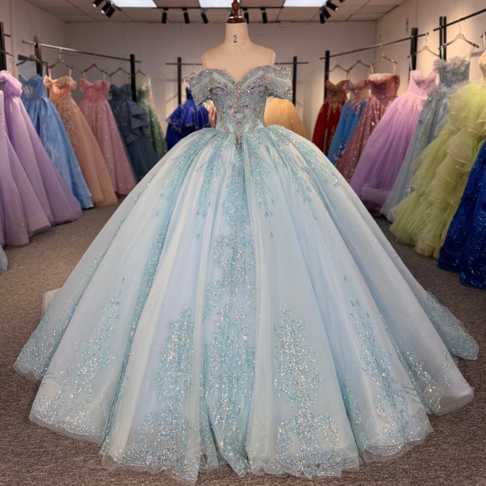 2025 Cinderella Blue Quinceanera Dress Sweet 15 Quinceañera Flowers Vestidos De 15 Años Sequined Beading Lace Evening Party Dress 1368