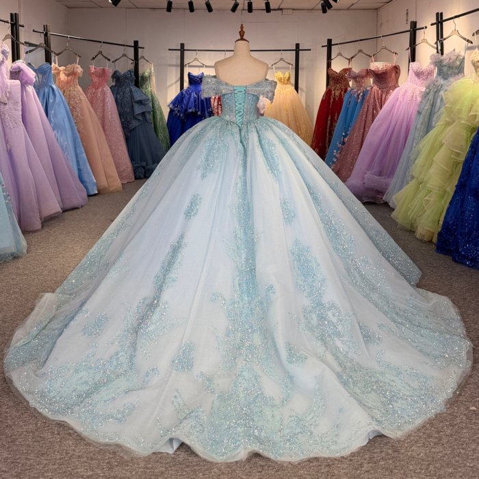 2025 Cinderella Blue Quinceanera Dress Sweet 15 Quinceañera Flowers Vestidos De 15 Años Sequined Beading Lace Evening Party Dress 1368 - Image 2