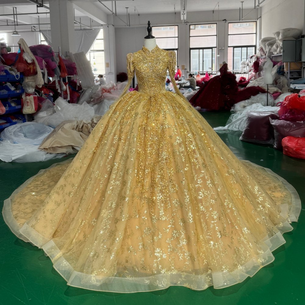 2025 Gold Quinceanera Dress Sweet 15 Quinceañera Flowers Vestidos De 15 Años Sequined Beading Lace Long Sleeve Evening Dress