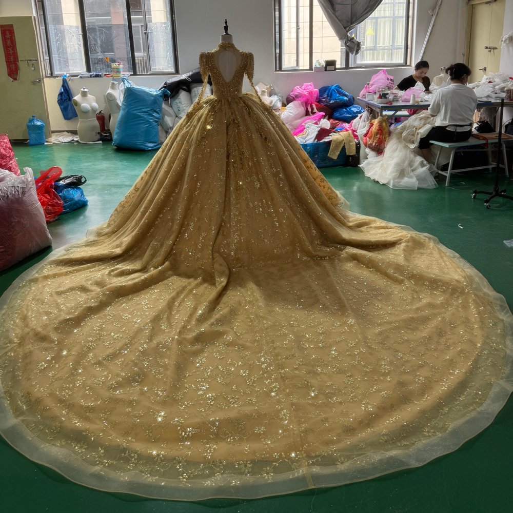 2025 Gold Quinceanera Dress Sweet 15 Quinceañera Flowers Vestidos De 15 Años Sequined Beading Lace Long Sleeve Evening Dress - Image 2