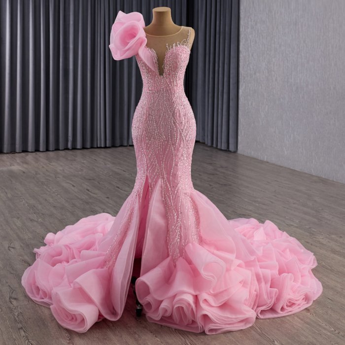 2025 Light Pink Evening Dress Flowers Vestidos De Fiesta Sequined Beading Lace Evening Party Dress