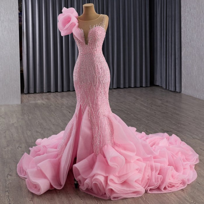 2025 Light Pink Evening Dress Flowers Vestidos De Fiesta Sequined Beading Lace Evening Party Dress - Image 5