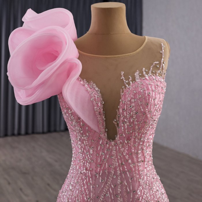 2025 Light Pink Evening Dress Flowers Vestidos De Fiesta Sequined Beading Lace Evening Party Dress - Image 3