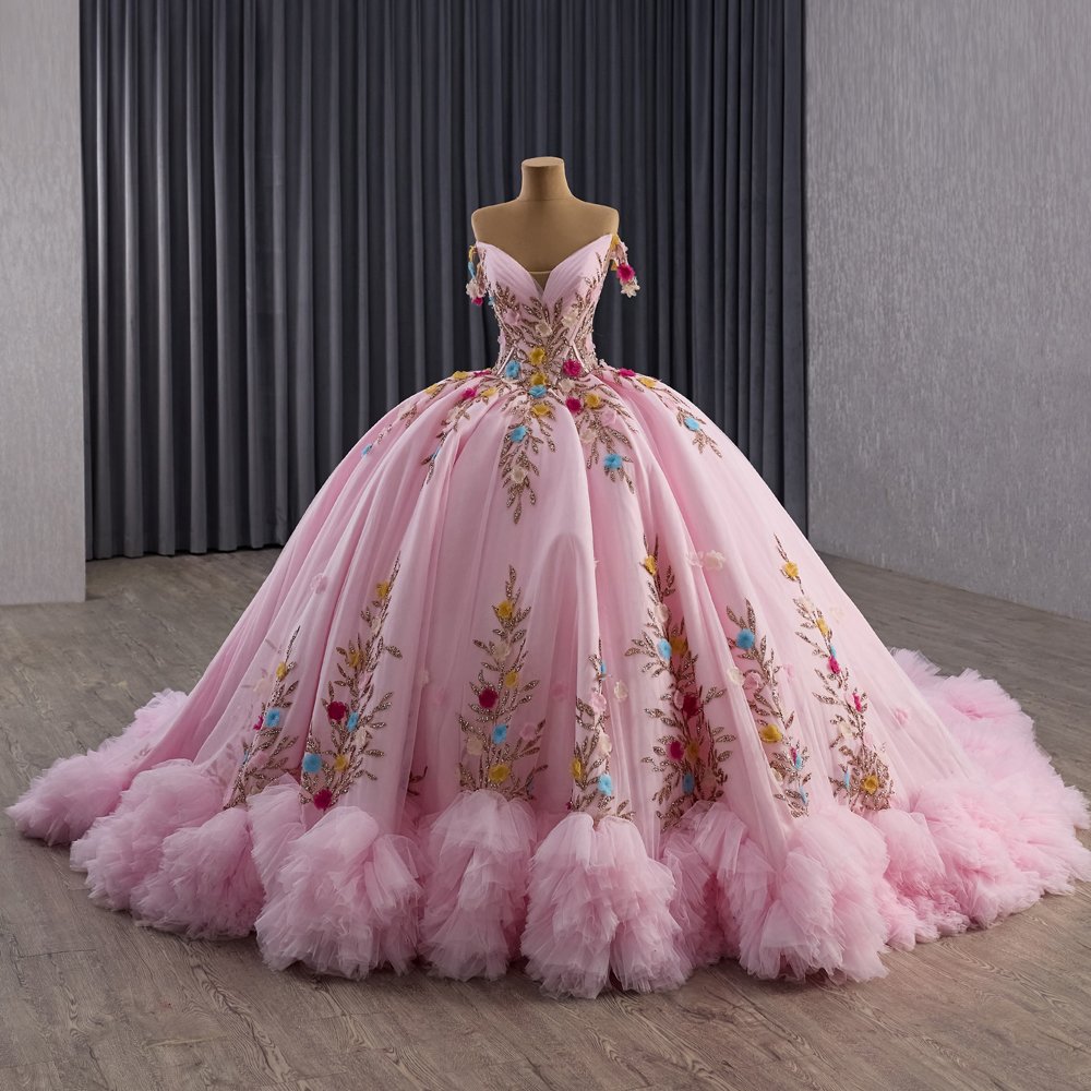 2025 Pink Quinceanera Dress Sweet 15 Quinceañera Flowers Vestidos De 15 Años Sequined Beading Lace Evening Party Dress 251088