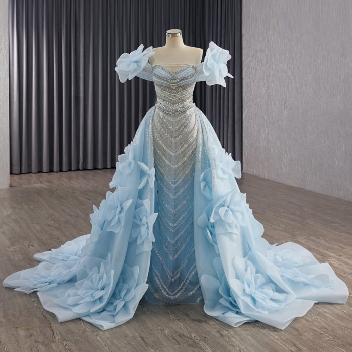 2 in 1 Elegant Evening Dresses Light Blue Off Shoulder Beaded Pleated Lace-Up Prom Gown With Detachable Ruffled Dress