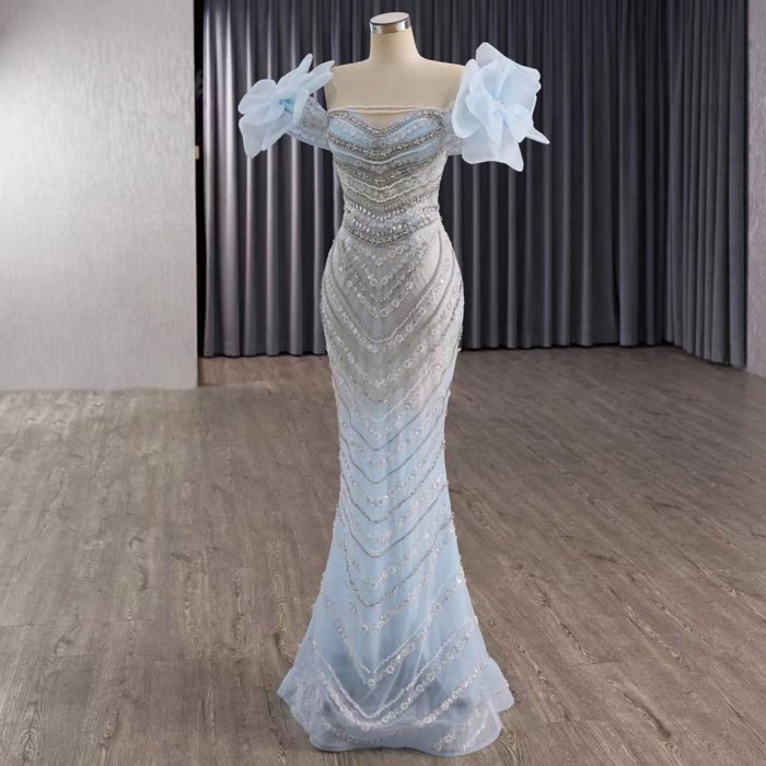 2 in 1 Elegant Evening Dresses Light Blue Off Shoulder Beaded Pleated Lace-Up Prom Gown With Detachable Ruffled Dress - Image 3