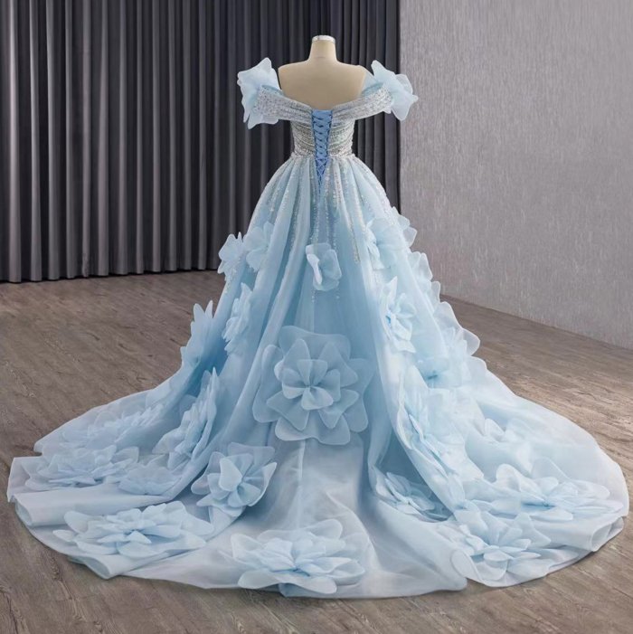 2 in 1 Elegant Evening Dresses Light Blue Off Shoulder Beaded Pleated Lace-Up Prom Gown With Detachable Ruffled Dress - Image 2