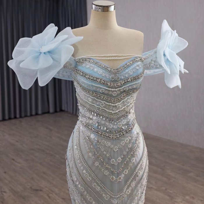 2 in 1 Elegant Evening Dresses Light Blue Off Shoulder Beaded Pleated Lace-Up Prom Gown With Detachable Ruffled Dress - Image 5
