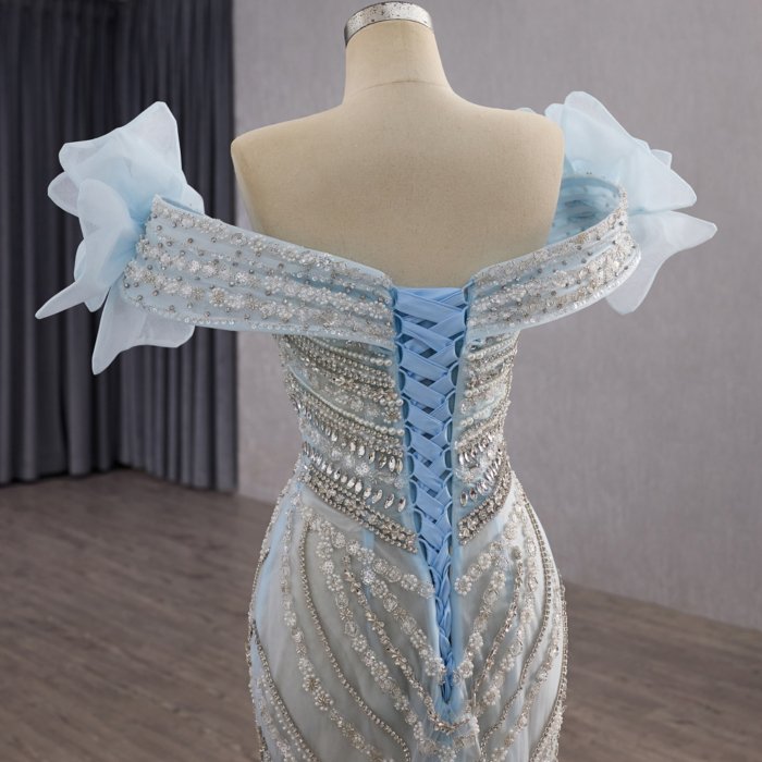 2 in 1 Elegant Evening Dresses Light Blue Off Shoulder Beaded Pleated Lace-Up Prom Gown With Detachable Ruffled Dress - Image 6