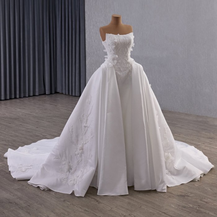 Elegant Strapless White Wedding Dress With Floral Embroidery Lace Up Back And Long Train Suitable For Bride Formal Ceremony And Reception - Image 6