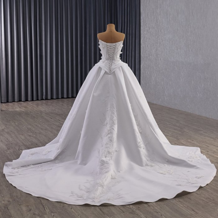 Elegant Strapless White Wedding Dress With Floral Embroidery Lace Up Back And Long Train Suitable For Bride Formal Ceremony And Reception - Image 2